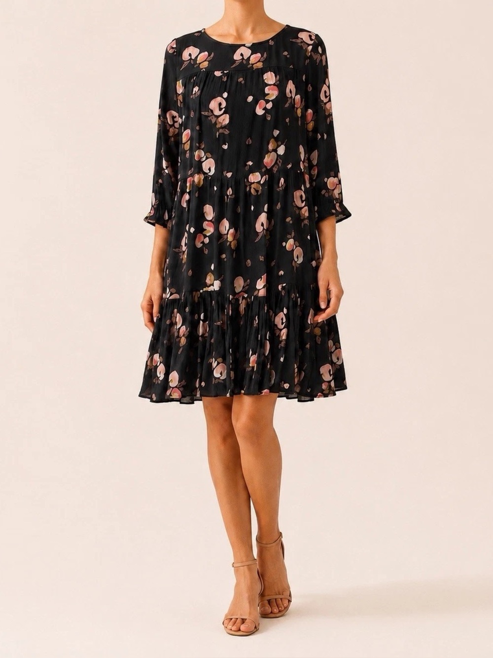 FatFace Black Floral 3/4 Sleeve Tiered Boho Midi Dress Size US 2 Like New
